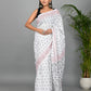 White and Black Printed Cotton Mulmul Saree with Blouse Piece