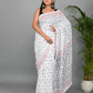 White and Black Printed Cotton Mulmul Saree with Blouse Piece