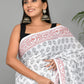 White and Black Printed Cotton Mulmul Saree with Blouse Piece