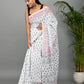 White and Black Printed Cotton Mulmul Saree with Blouse Piece