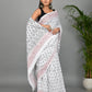 White and Black Printed Cotton Mulmul Saree with Blouse Piece