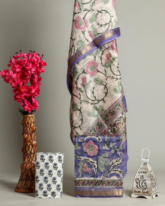 Hand Block Printed Maheshwari Silk Suit with Maheshwari Silk Dupatta  2