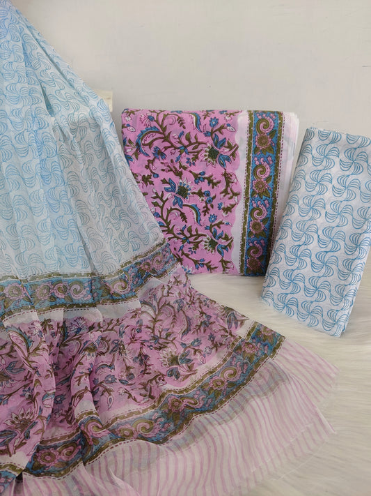 HAND BLOCK PRINTED COTTON SUIT WITH PURE CHIFFON DUPATTA